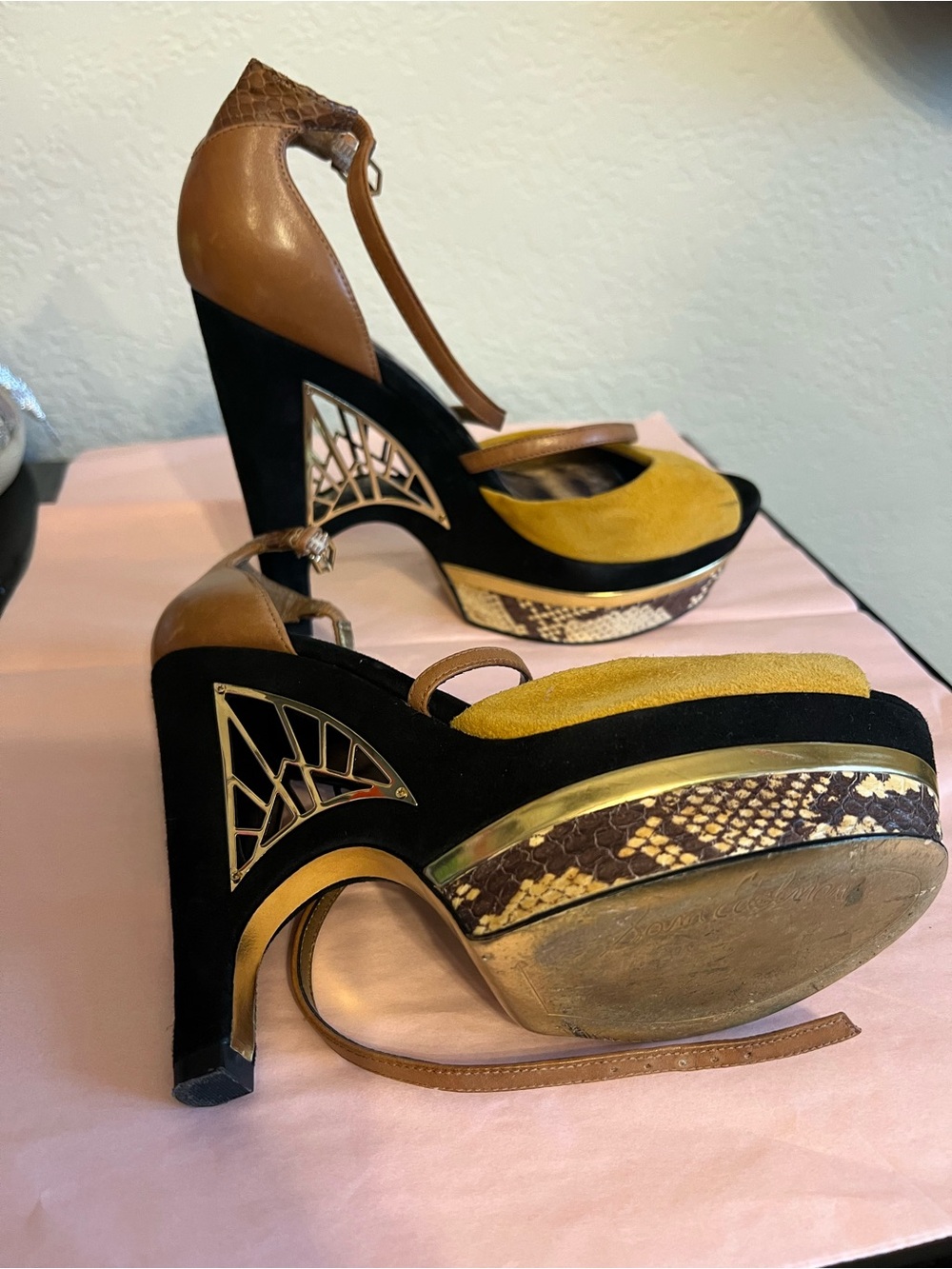 Sam Edelman Yellow Suede, Black Suede & Brown Leather Platform Heels - Picture 3 of 7